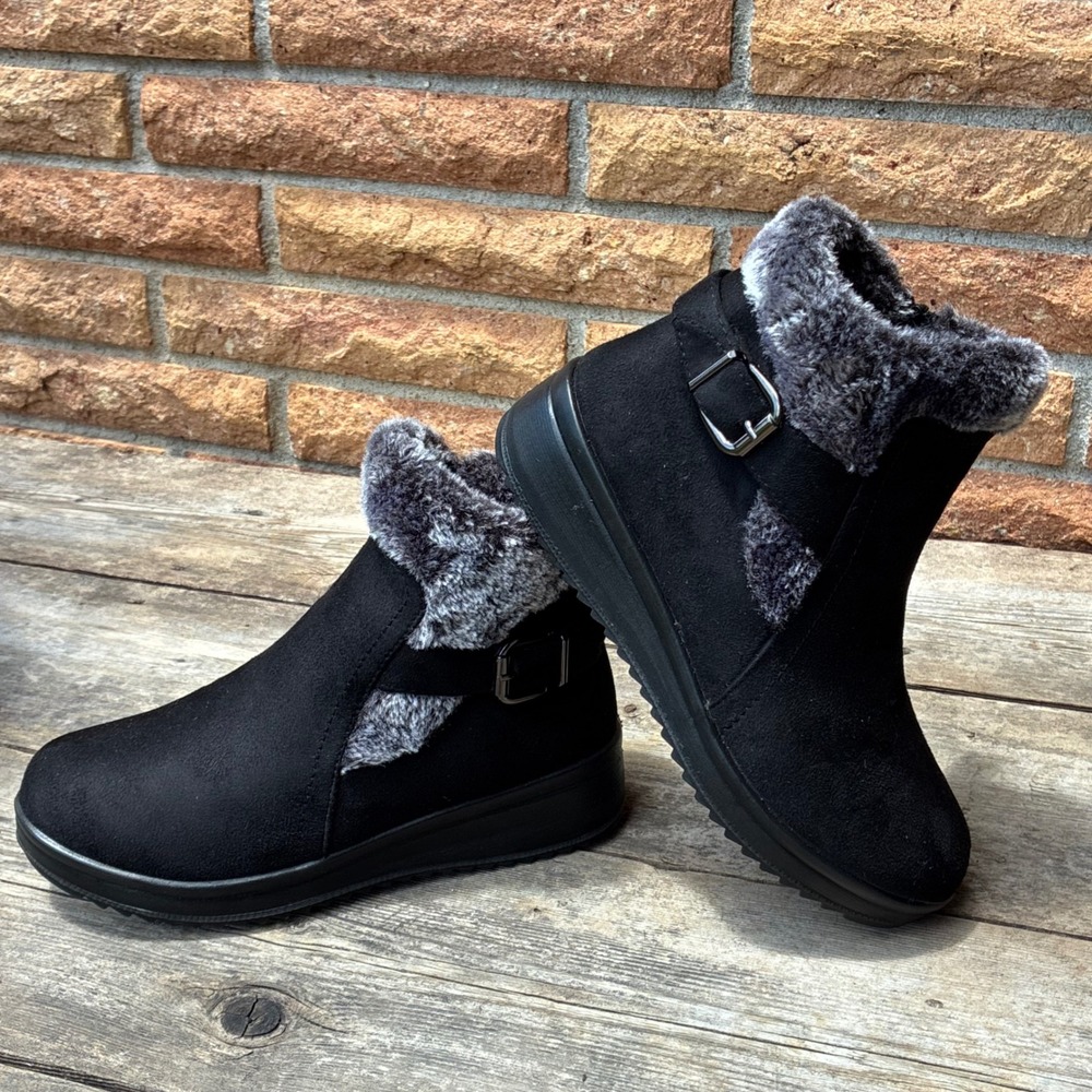 Flexus Spring Step Tuzza-B Ankle Boots 8 Black Waterproof Faux Fur Wedge Buckle